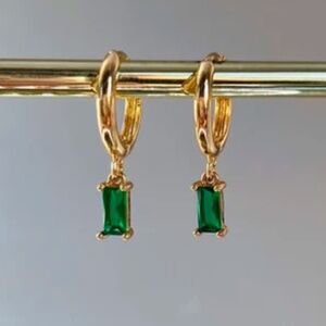 Gold plated huggie hoop earrings, emerald colored drop pendant gold earrings